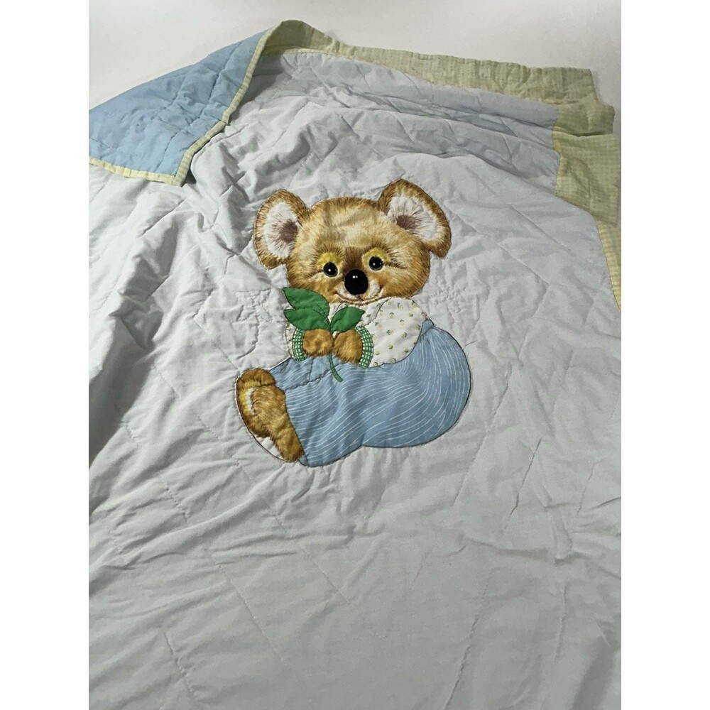 Vintage Handmade Koala Bear Baby Quilt Yellow Blue Two-Sided